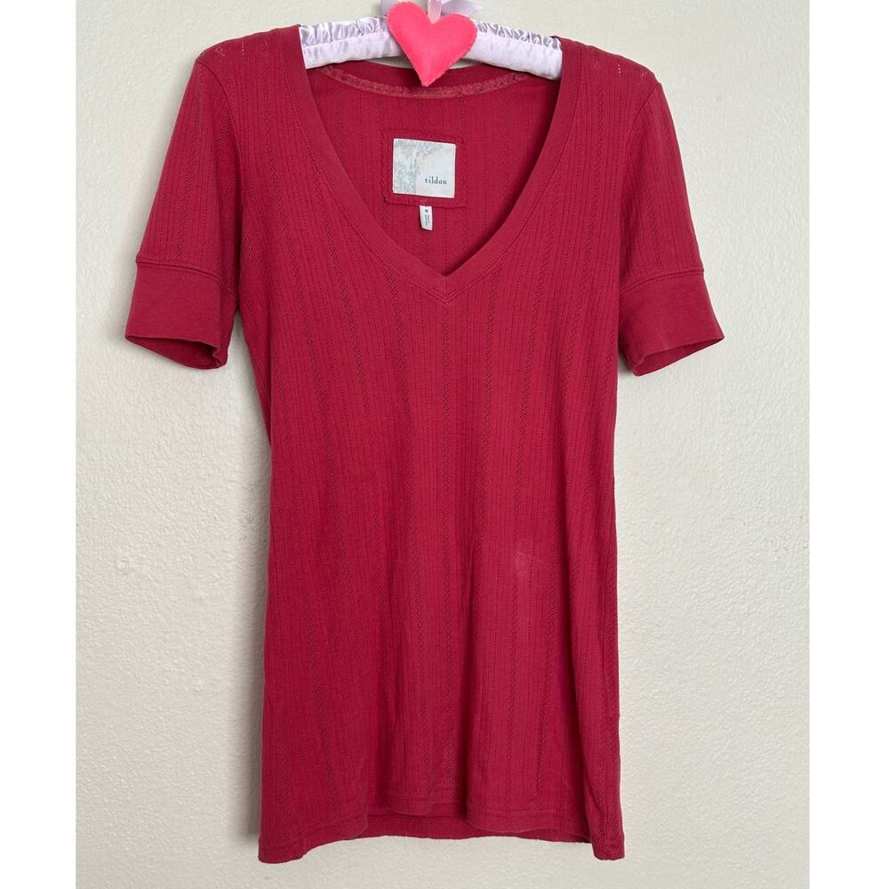 Tildon Anthropologie 2010s M Pointelle Knit Cotton Long Tshirt Vneck Cherry Red